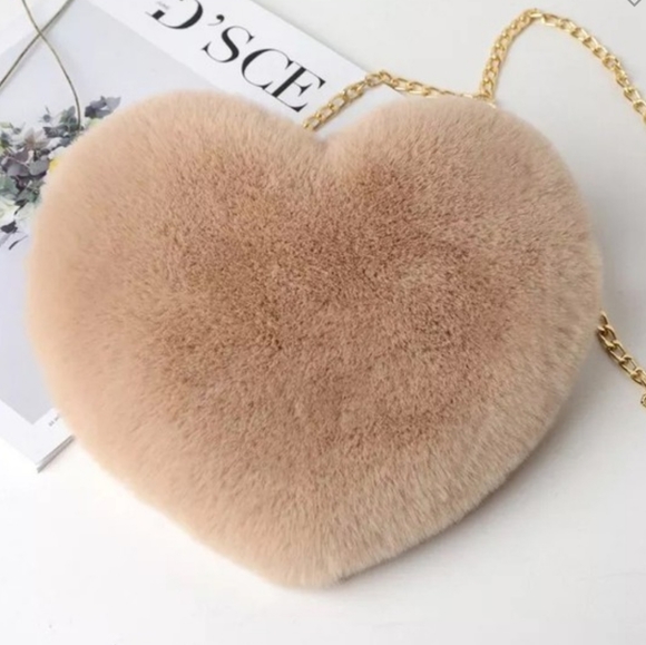 Handbags - Faux fur heart shaped fuzzy purse in tan